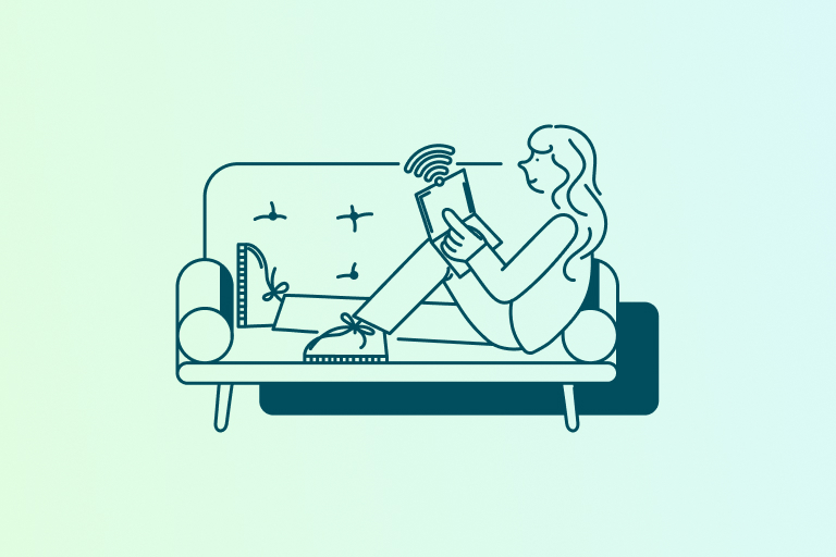 Illustration einer Frau, die zu Hause auf dem Sofa arbeitet